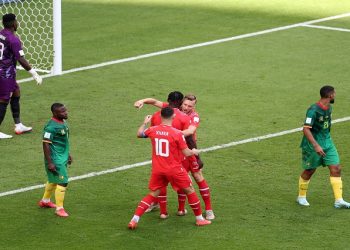 Switzerland's Breel Embolo celebrates scoring their first goal with Silvan Widmer and Granit Xhaka, Group G - Switzerland vs Cameroon, Al Janoub Stadium, Al Wakrah, Qatar - November 24, 2022.