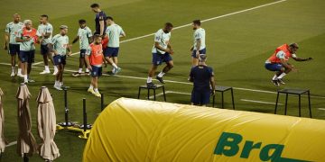 General view of Brazil players during training.
