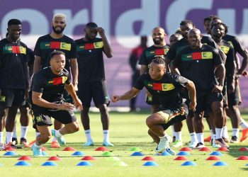 Cameroon's Enzo Ebosse, Pierre Kunde and teammates during training.