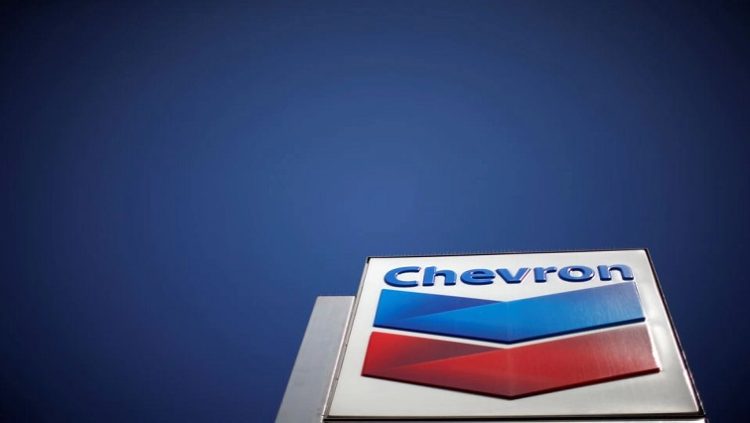 The logo of Dow Jones Industrial Average stock market index listed company Chevron (CVX) is seen in Los Angeles, California, United States, April 12, 2016.