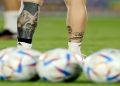 General view as Argentina's Lionel Messi leg tattoo is seen during training.
