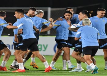 Uruguay's Edinson Cavani and teammates during training.