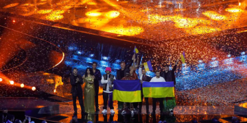 Kalush Orchestra from Ukraine appear on stage after winning the 2022 Eurovision Song Contest in Turin, Italy, May 15, 2022.
