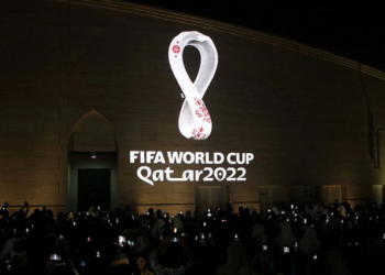 The tournament's official logo for the 2022 Qatar World Cup is seen on the wall of an amphitheater, in Doha, Qatar, September 3, 2019.