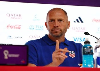 US coach Gregg Berhalter gestures during a United States Press Conference of the FIFA World Cup at the Main Media Center in Doha, Qatar, November 24 2022.
