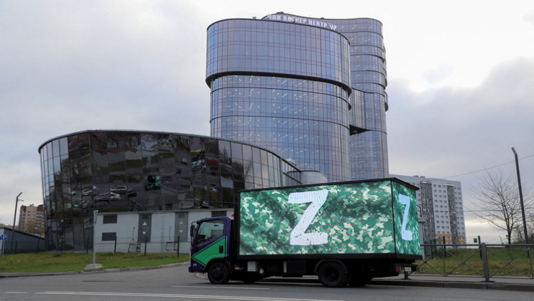 A truck displaying the symbols "Z" in support of the Russian armed forces involved in a military conflict in Ukraine is parked outside PMC Wagner Centre, which is a project implemented by the businessman and founder of the Wagner private military group Yevgeny Prigozhin, during the official opening of the office block in Saint Petersburg, Russia, November 4, 2022