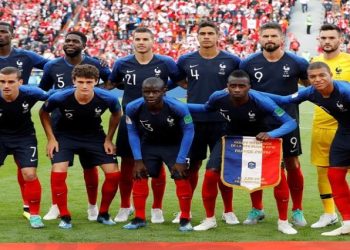 File | France players pose for a team group photo before the match against at Ekaterinburg Arena in Russia