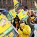 Supporters of the African National Congress (ANC) sing slogans ahead of the launch of an election manifesto at the church square in Pretoria, South Africa, September 27, 2021.
