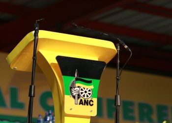 A podium with the ANC logo is pictured inside the Plenary Hall at Nasrec in Johannesburg during the party's National Conference last week.