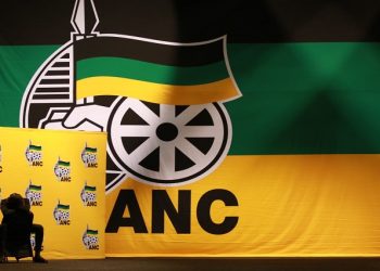 A banner of the ANC is seen inside the Plenary Hall at Nascrec in Johannesburg during the party's National Conference on 20 December 2022.