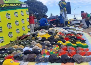 A stall selling ANC-branded headgear at Nasrec, Johannesburg, December 18, 2022.