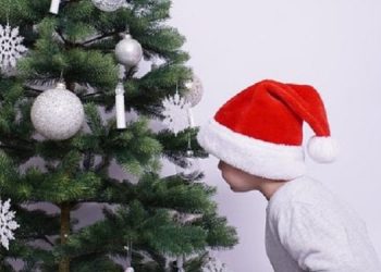 A child next to a Christmas tree