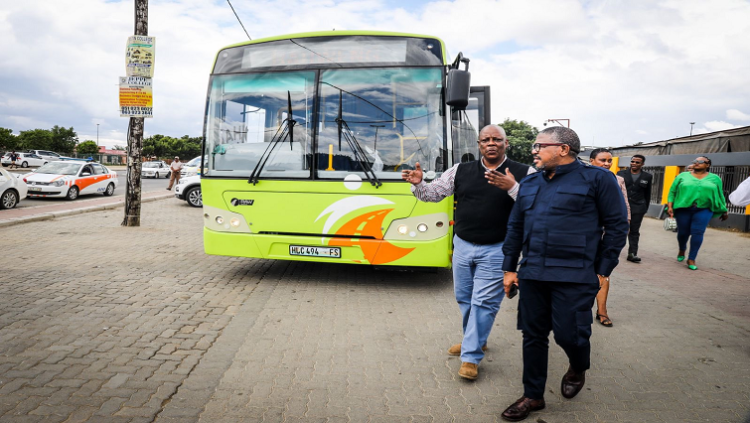 Transport Minister Fikile Mbalula inspects road project in Bloemfontein.