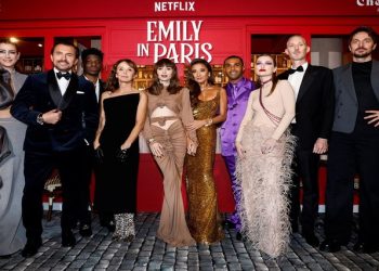 Kate Walsh, William Abadie, Philippine Leroy-Beaulieu, Samuel Arnold, Lily Collins, Ashley Park, Lucien Laviscount, Camille Razat, Bruno Gouery and Lucas Bravo attend the world premiere of the third season of the Netflix series "Emily in Paris" at the Theatre des Champs Elysees in Paris, France, December 6, 2022. REUTERS/Benoit Tessier