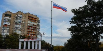 A flag flies in a square in the course of the Ukraine-Russia conflict in the city of Melitopol in the Zaporizhzhia region, Russian-controlled Ukraine October 13, 2022.