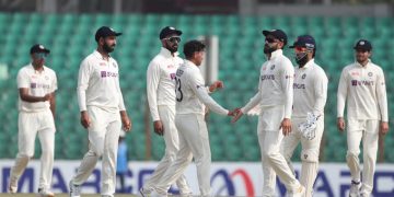 India test side celebrate Kuldeep Yadav's second wicket in test against  Bangladesh