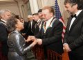 Kennedy Center honorees U2 band member Bono greets Cuban-born American composer, conductor and educator Tania Leon during a reception for Kennedy Center honorees ahead of the official gala at the State Department in Washington, D.C., U.S., December 3, 2022.