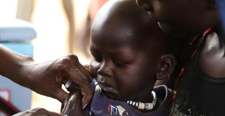 File image: A child receives a vaccination against measles during a campaign in Juba, South Sudan February 4, 2020.