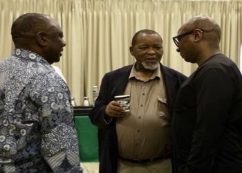 President Cyril Ramaphosa with National Chairperson Gwede Mantashe and NEC member Zizi Kodwa ahead of the start of the ANC NWC meeting.
