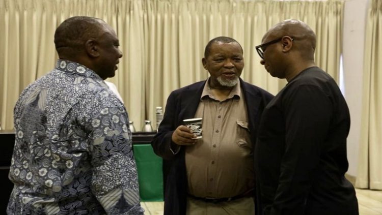 President Cyril Ramaphosa with National Chairperson Gwede Mantashe and NEC member Zizi Kodwa ahead of the start of the ANC NWC meeting.