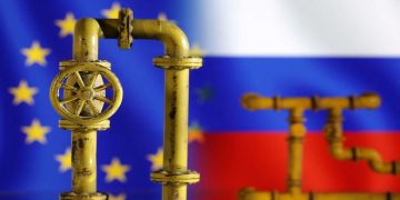 Model of natural gas pipeline, EU and Russia flags, July 18, 2022.