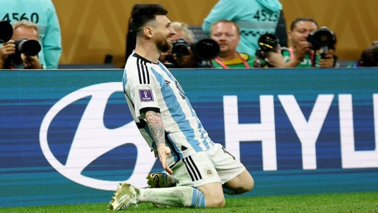 Argentina's Lionel Messi celebrates scoring their 3rd goal at the Qatar 2022 FIFA World Cup Final on Sunday, 18 December 2022.
