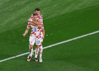 Croatia's Mislav Orsic celebrates scoring their second goal with Ivan Perisic in a match against Morocco at the FIFA World Cup Qatar 2022, in Doha, on Saturday, 17 December 2022.