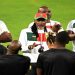 Cameroon coach Rigobert Song speaks to the players during training.