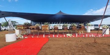 The funeral service of Mpho Ndou, Portia Chauke, one year old Wanga Ndou, Rendani Ndou, Ndivhuhi Ndou, Dakalo Makondo and Confidence Ndou is underway at Jim Jones village in Malamulele, January 1, 2022.