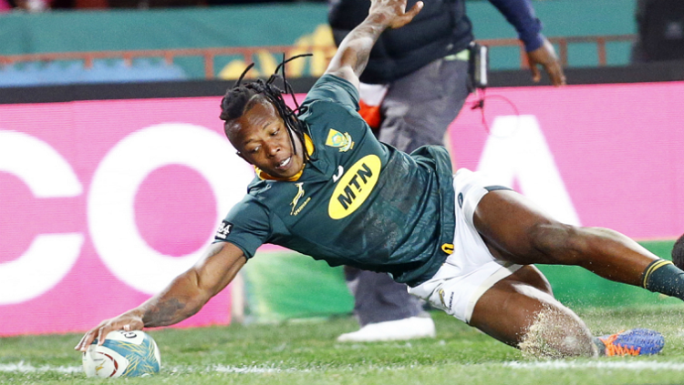 (File Image) S'busiso Nkosi scored a brace of excellent tries as the Springboks ran out 24-18 victors against Argentina, August 17, 2019.
