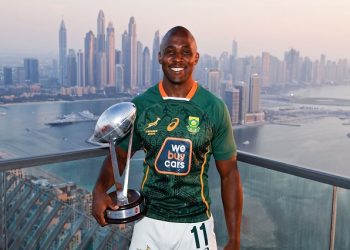 South Africa captain Siviwe Soyizwapi during captain's photo prior to the Dubai Emirates Airline Rugby Sevens at The View at the Palm on 29 November, 2022. Photo credit: Mike Lee - KLC fotos for World Rugby