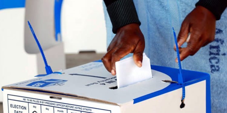 A voter inserts their ballot paper into a voting box.