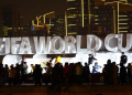 The FIFA World Cup logo is pictured on the Corniche Promenade ahead of the FIFA World Cup Qatar 2022, November 18, 2022.