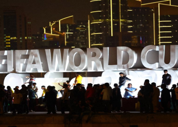 The FIFA World Cup logo is pictured on the Corniche Promenade ahead of the FIFA World Cup Qatar 2022, November 18, 2022.