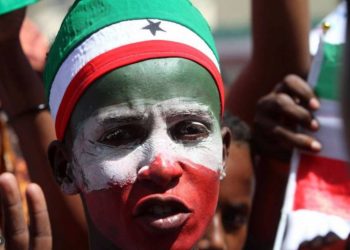 A man with his face painted in Somaliland’s national colours joins a procession during celebrations to mark the 22nd anniversary of Somaliland's self-declared independence from Somalia, in Hargeisa, on May 18, 2013. REUTERS/Feisal Omar.