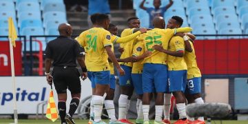 Mamelodi Sundowns players celebrating a goal against Supersport United