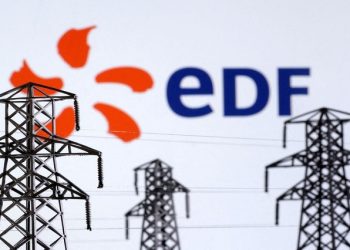 Electric power transmission pylon miniatures and EDF (Electricite de France) logo are seen in this illustration taken, December 9, 2022.