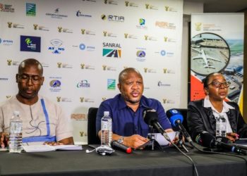 Transport minister Fikile Mbalula holds a press conference during his oversight visit to OR Tambo International airport, 2 January 2023