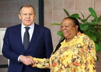 South Africa's Foreign Minister Naledi Pandor shakes hands with Russia's Foreign Minister Sergei Lavrov, ahead of their bilateral meeting in Pretoria, South Africa, January 23, 2023.