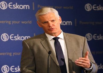 Andre de Ruyter, chief executive of state-owned power utility Eskom, speaks during a media briefing in Johannesburg.