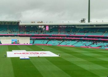 Rain soaked field at the Sydney Cricket Ground.
