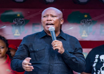 EFF leader Julius Malema addresses supporters outside East London Magistrates Court, February 2. 2023.