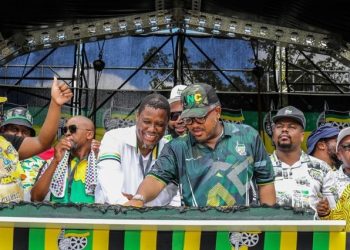 ANC Secretary General Fikile Mbalula together with party members at the January 8 anniversary celebration rally in Hammersdale , KwaZulu-Natal.