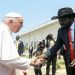 Pope Francis shakes hands with South Sudan's President Salva Kiir Mayardit, during a farewell ceremony before his departure in Juba, South Sudan, February 5, 2023.    Vatican Media