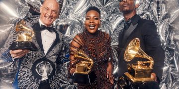 Wouter Kellerman, Zakes Bantwini and Nomcebo Zikode receive the Grammy award for Best Global Music Performance in Los Angeles California on February 6, 2023.