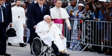 Pope Francis greets people before his meeting with Roman Catholic bishops at CENCO (National Episcopal Conference of Congo), during his apostolic journey, in Kinshasa, Democratic Republic of the Congo February 3, 2023
