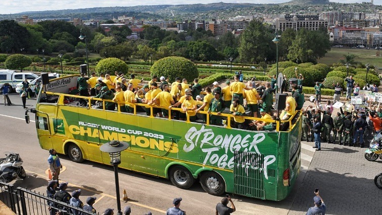 Springbok players in the bus.