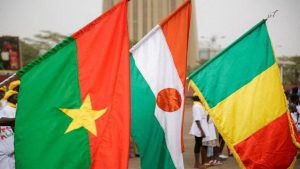 Flags of Sahel region nations Burkina Faso, Niger and Mali.