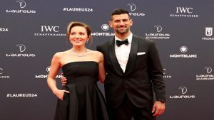 Novak Djokovic and his wife Jelena arrive ahead of the Laureus awards ceremony.