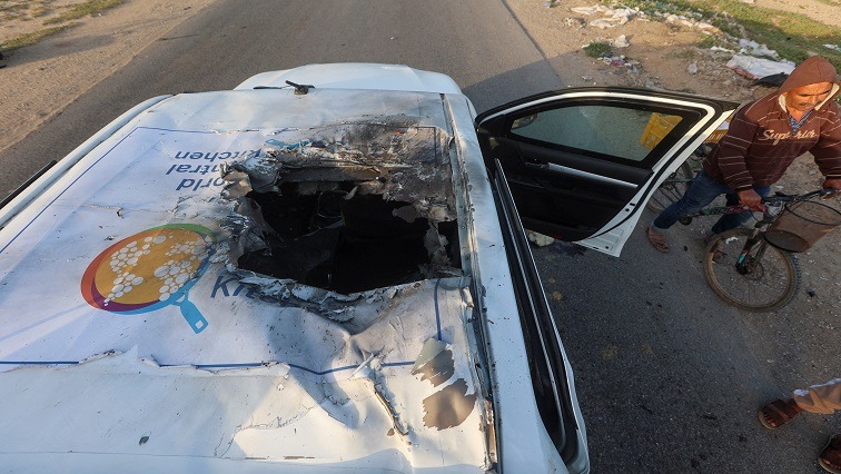 A damaged vehicle where employees from the WCK were killed in Israel’s airstrike
